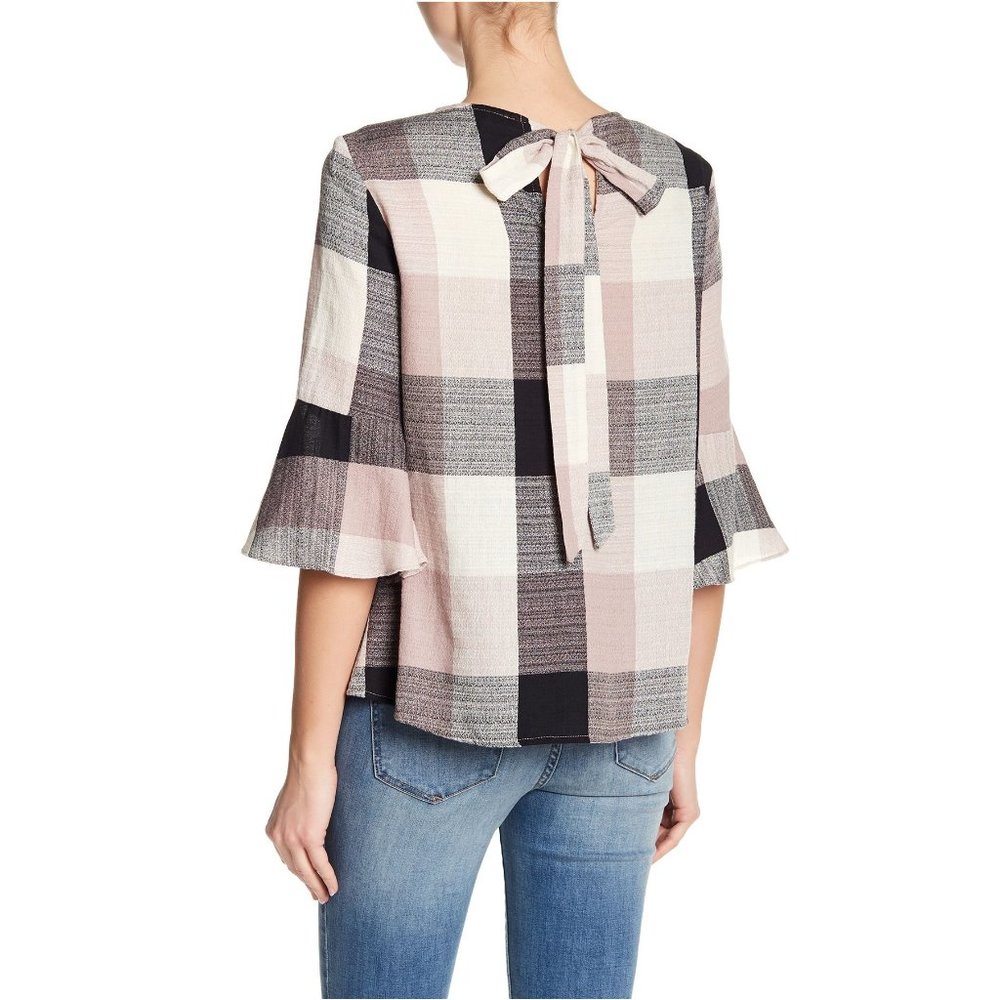 Anthro RO & DE Bell Sleeve Plaid Tie-Back Top sz S - Picture 2 of 10